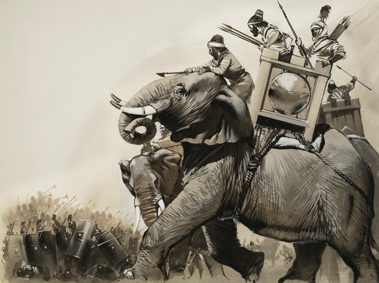 Slaget ved Zama i 202 f.Kr. (gouache på papir) af Angus McBride