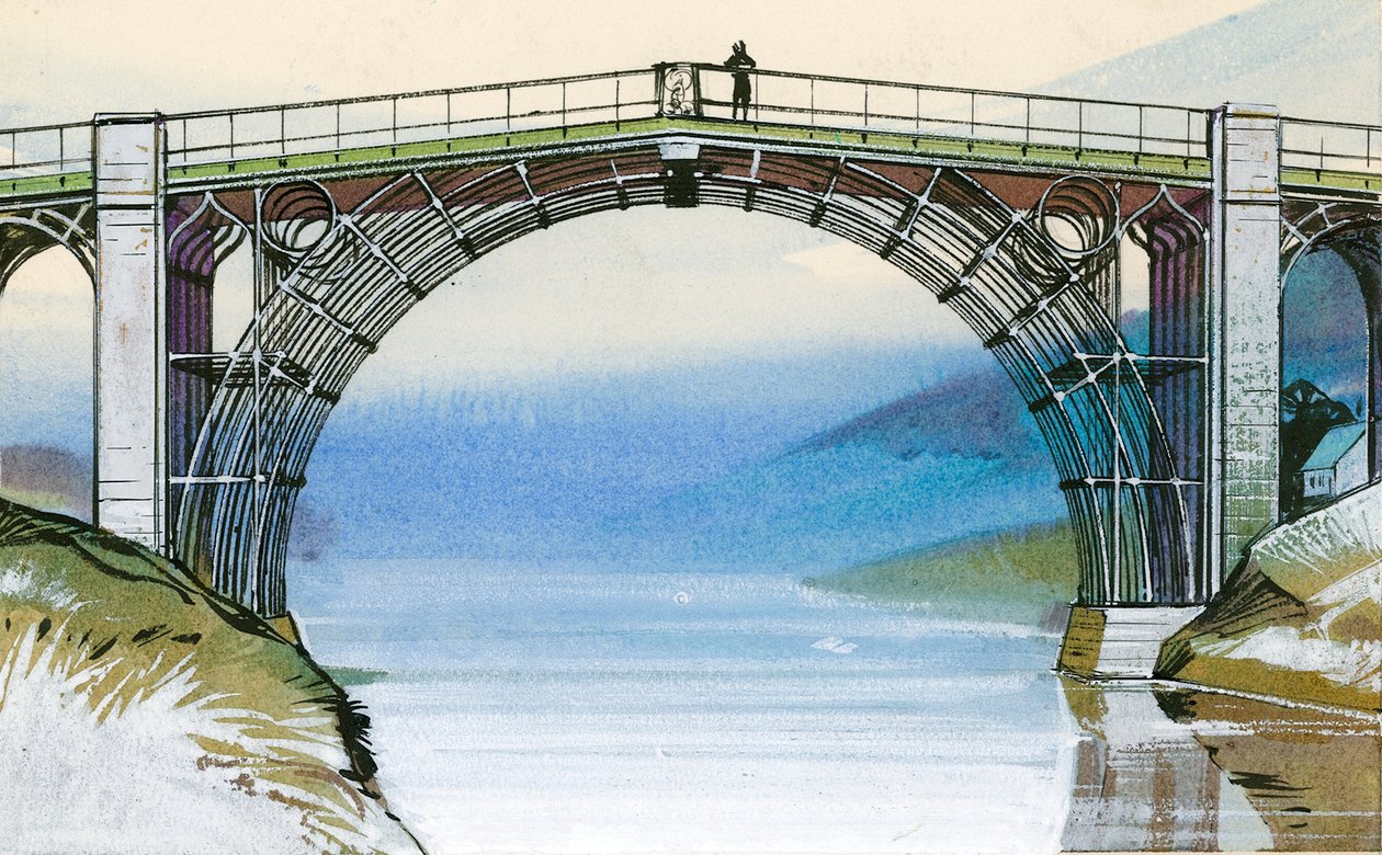 Den første jernbro i Storbritannien, ved Ironbridge Gorge af Angus McBride