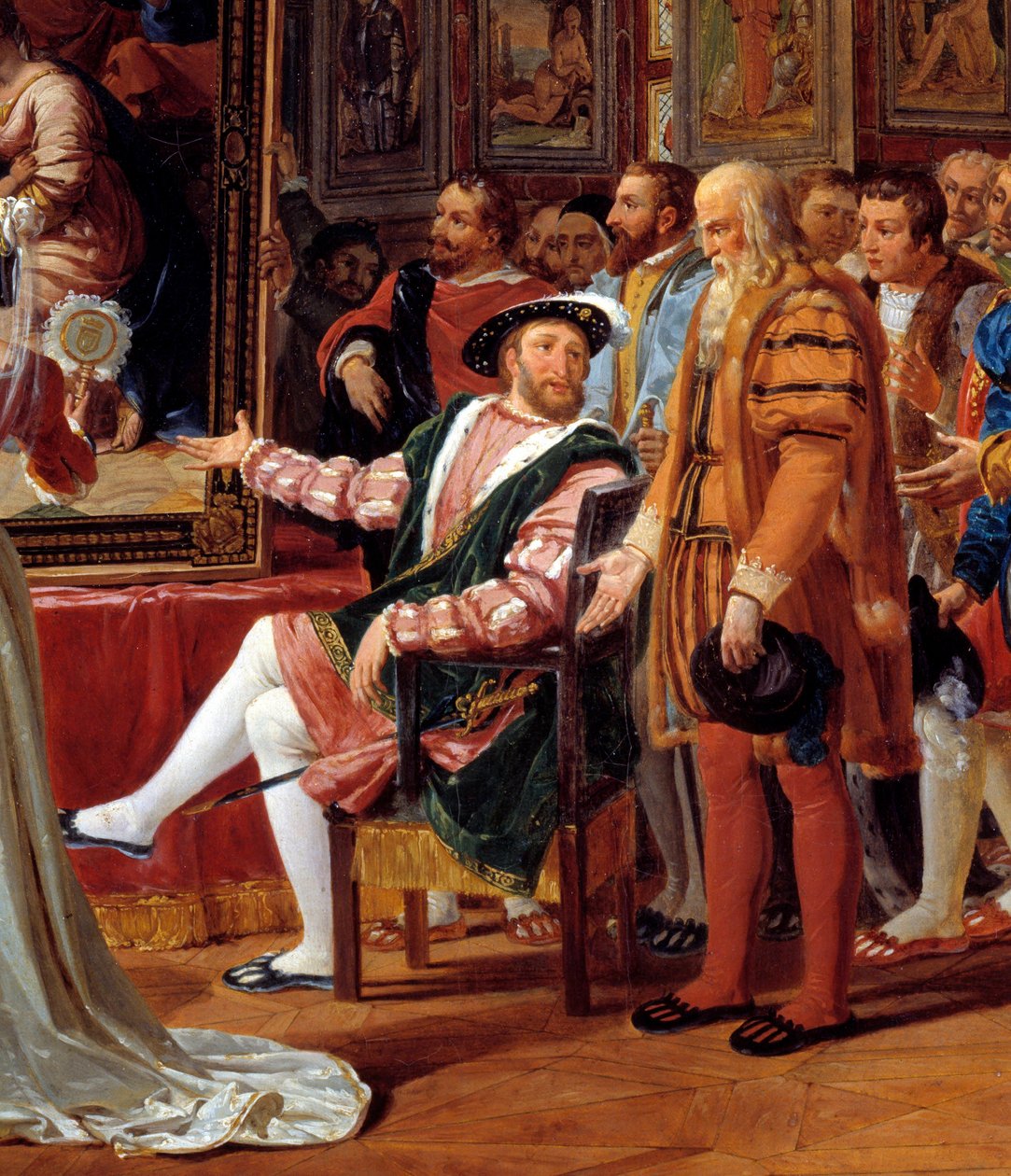 Detalje af maleriet: Francois 1.s århundrede: Francois 1. Konge af Frankrig modtager i Fontainebleau maleriet af den hellige familie, sendt fra Rom af Raphael (Raffaello sanzio italiensk maler) som en hyldest til hans taknemmelighed. Leonard de Vinci (Leon af Anicet Charles Gabriel Lemonnier