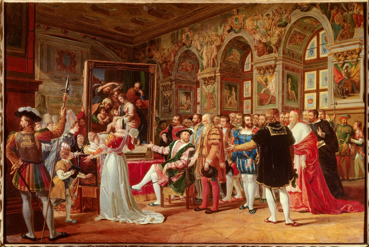 Francois 1.s århundrede: Francois 1. Konge af Frankrig modtog maleriet af den hellige familie i Fontainebleau, sendt fra Rom af Raphael (Raffaello sanzio italiensk maler) som en hyldest til hans taknemmelighed. På dens sider skelner vi: (Del til venstre o af Anicet Charles Gabriel Lemonnier