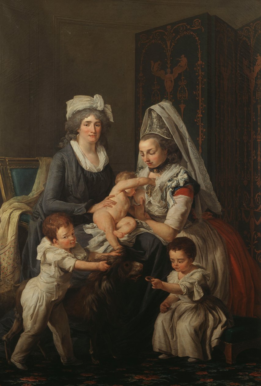 Portræt af en dame, i et interiør med sin sygeplejerske og tre børn, af Anicet Charles Lemonnier