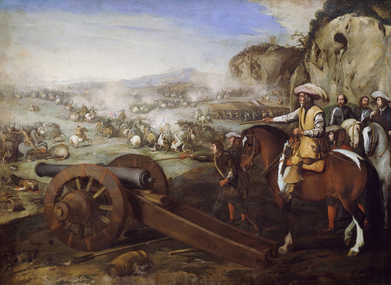 Kaptajn til hest beordrer at affyre kanon under kamp, maleri af Aniello Falcone (1607-1656), olie på lærred, 94x131 cm af Aniello Falcone