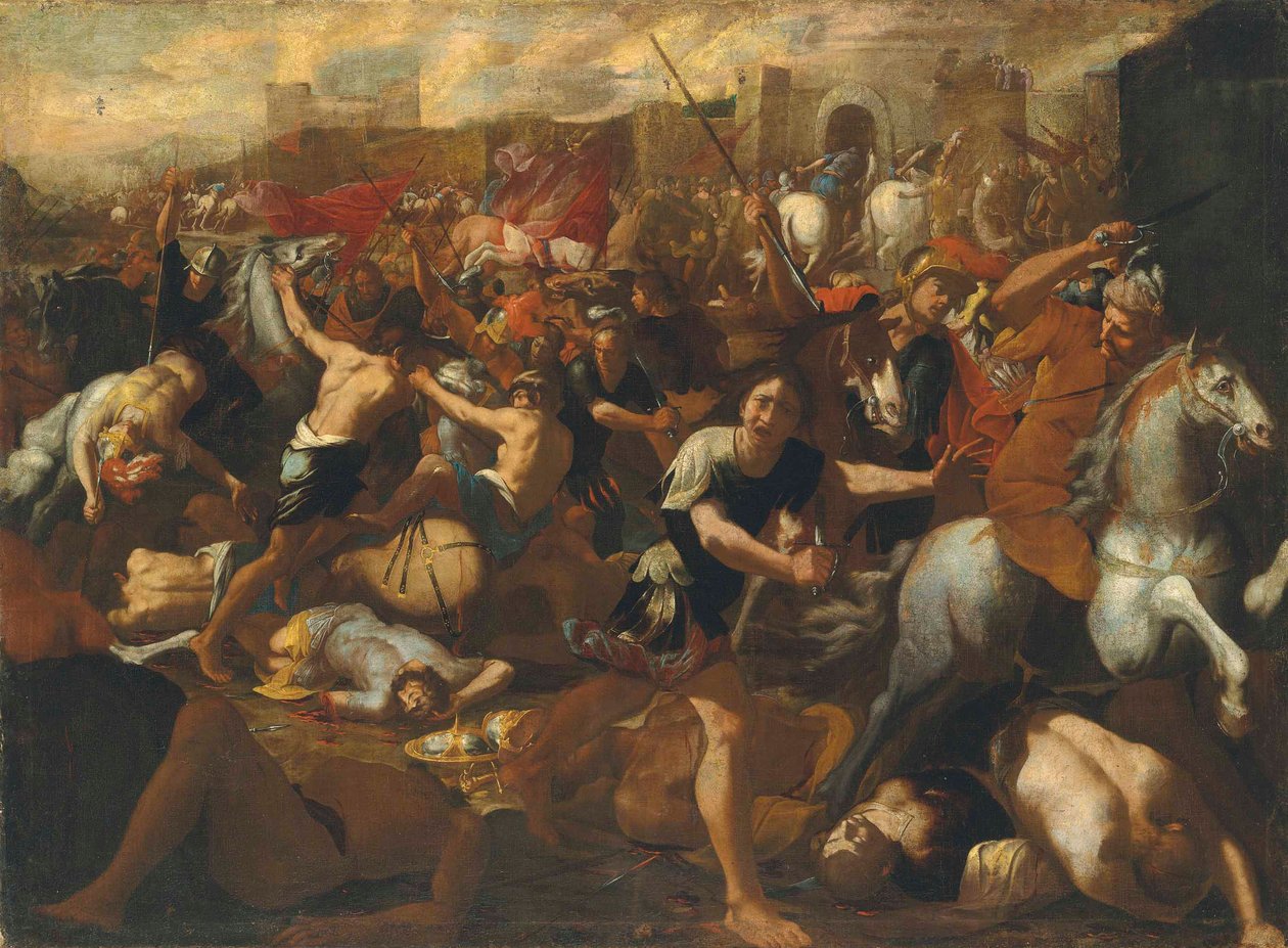 Slaget mellem israelitterne og amalekiterne overset af Moses, hans arme holdt højt af Aron og Hur af Aniello Falcone