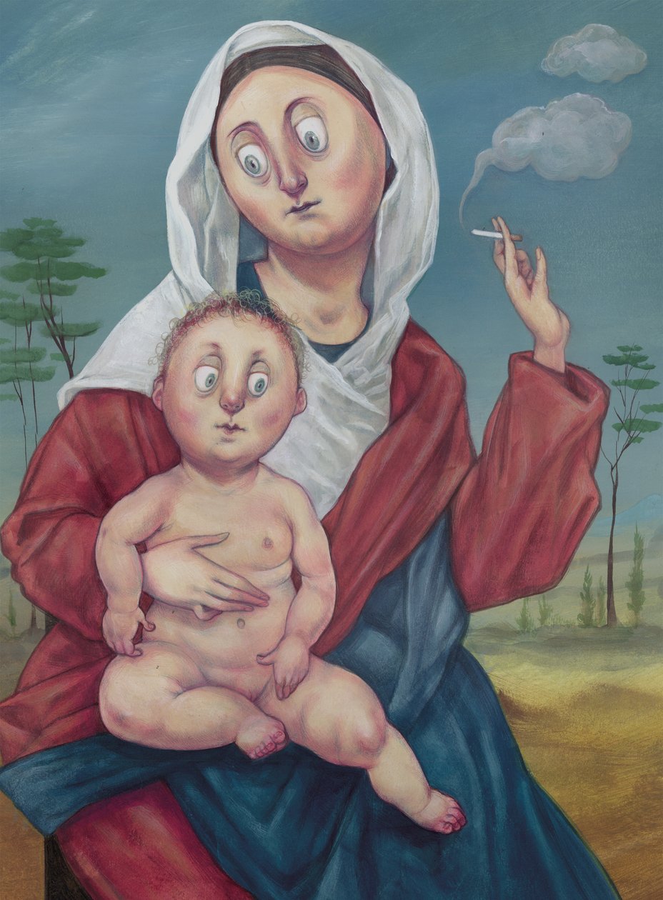 Madonna på cigaretpause, 2018 (akrylmaling på illustrationsplade) af Anita Kunz