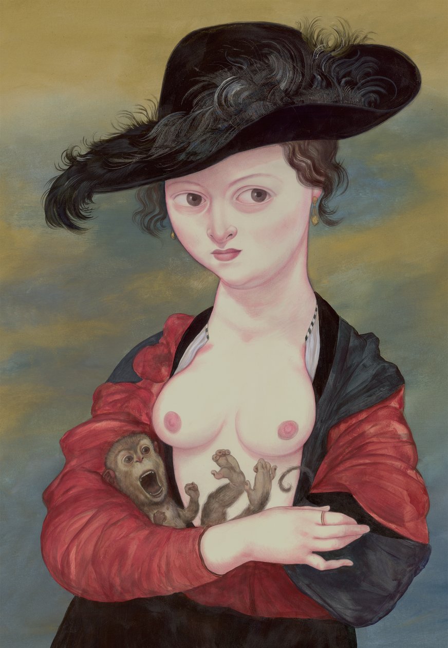 Portræt af en dame med en titi, 2016 (akrylmaling på illustrationsplade) af Anita Kunz