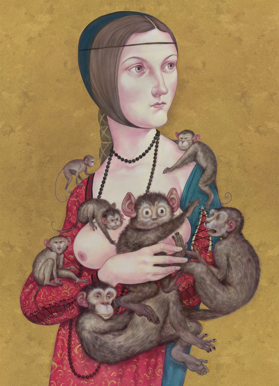 Kvinde med aber, 2016 (akrylmaling på illustrationsplade) af Anita Kunz