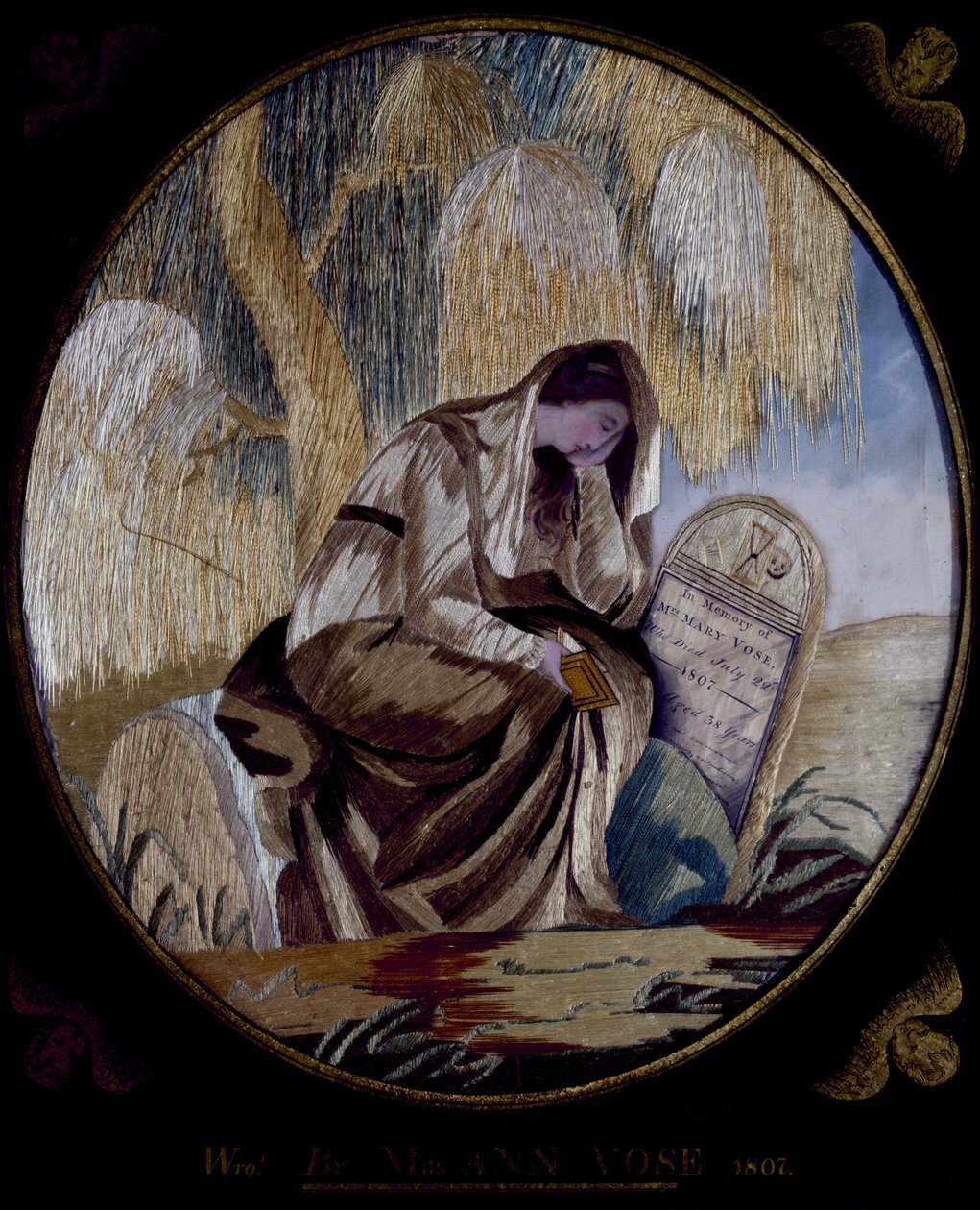 Broderet mindesmærke, 1807 (silke, påført papir, akvarel og blæk) af Ann Vose