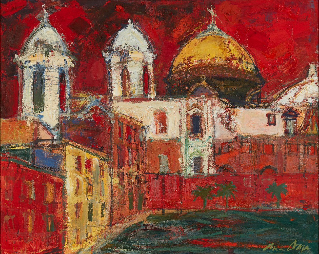 Cadiz katedral og bygninger, rød himmel (olie på lærred) af Ann Oram