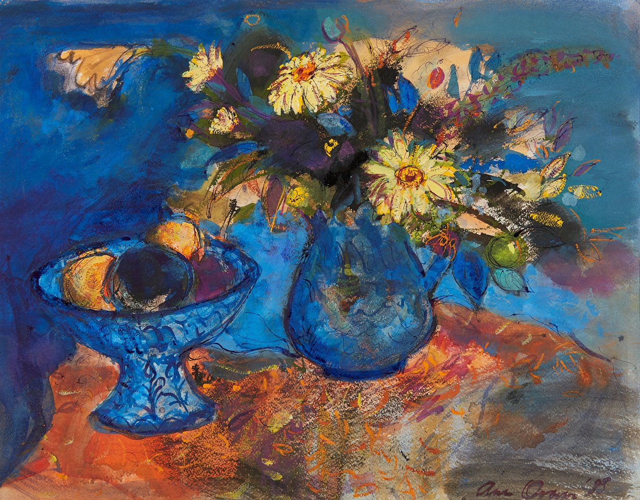 Blomster og frugter på blå og orange (blæk og akvarel) af Ann Oram
