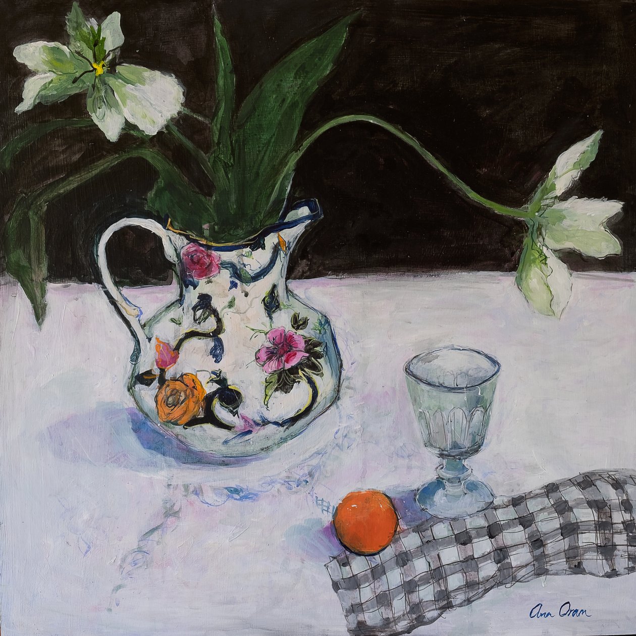 Stilleben med hvide tulipaner og et glas, 2019 (akryl) af Ann Oram