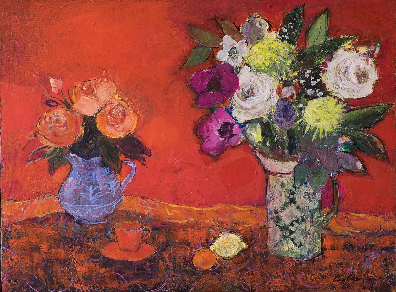 To kander med blomster på rødt, 2019 (akryl) af Ann Oram