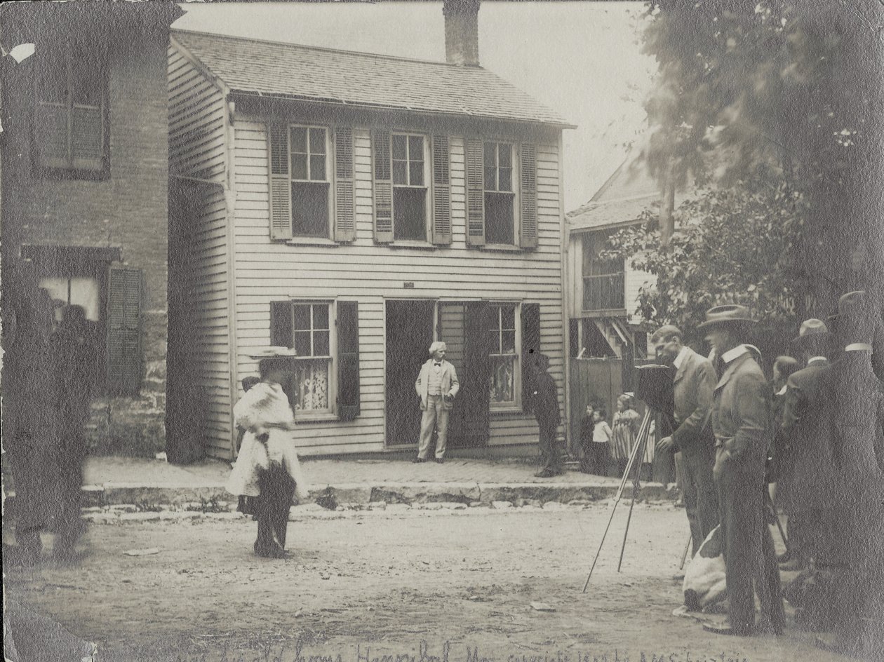 Samuel Clemens (Mark Twain) i døren til sit Hannibal, Missouri -hjem af Anna M. Schnitzlein