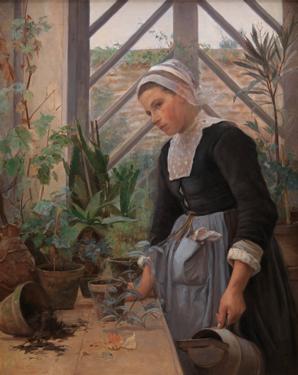 Bretonsk pige, der passer planter i varmehuset af Anna Petersen