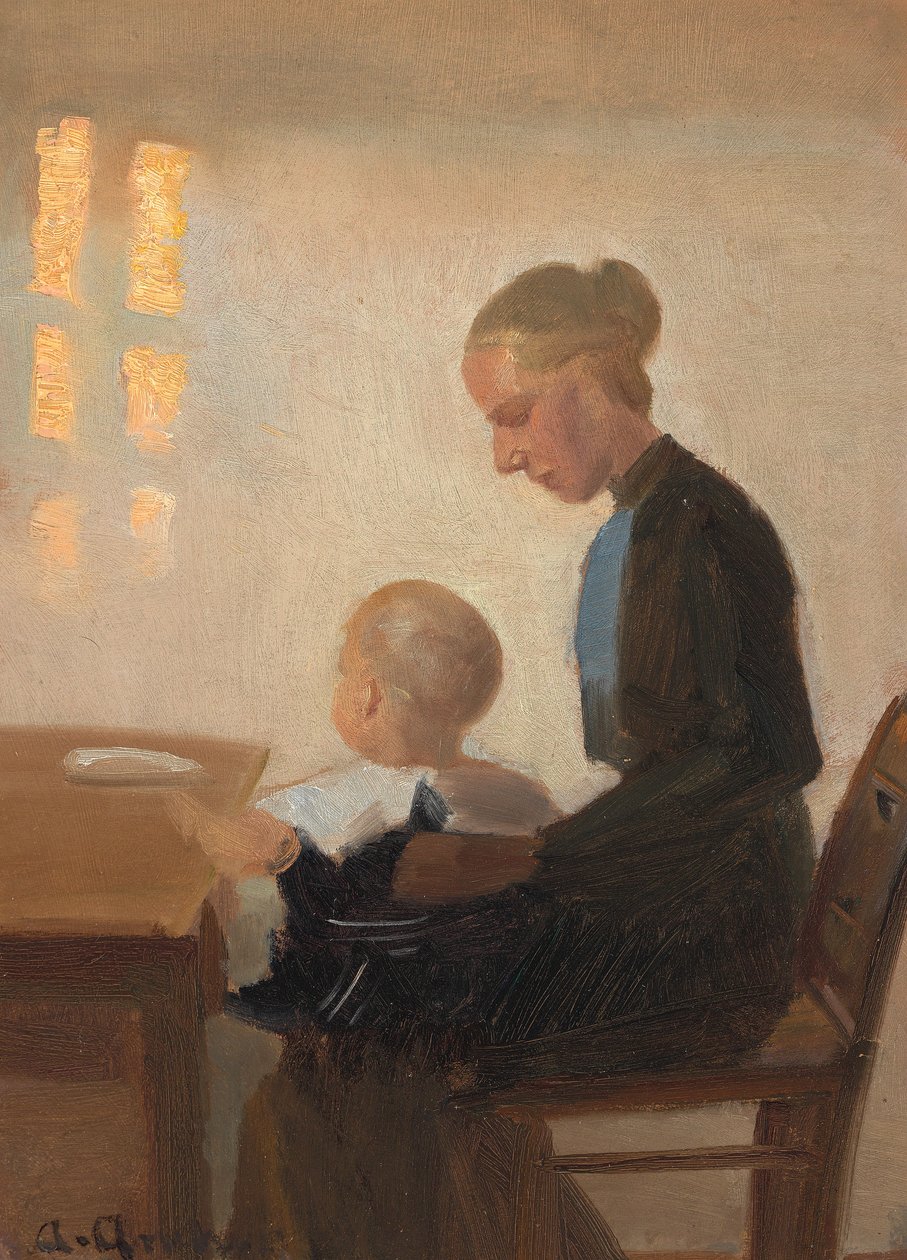 Et interiør med en mor og et barn. af Anna Ancher