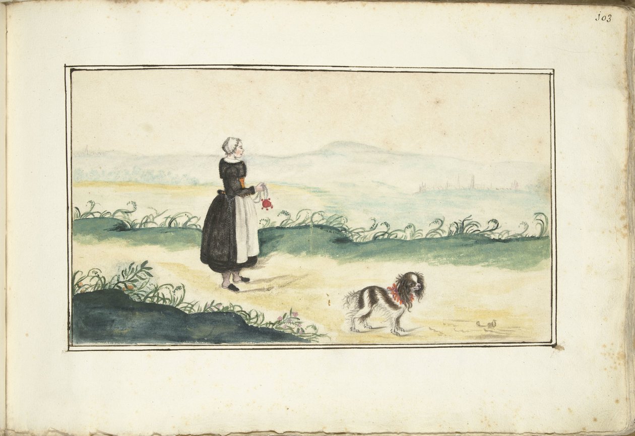 Landmandskvinde og hund i et landskab af Anna Cornelia Moda (possibly)