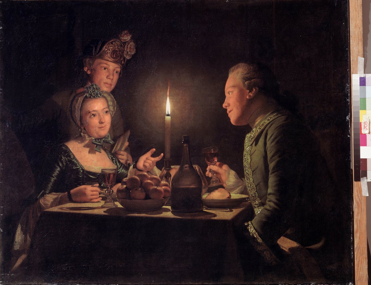 Middag med levende lys (aftensmad med levende lys). Maleri af Anna Dorothea Therbusch Lisiewska (1721-1782). Olie på lærred, 95,5 x 117 cm af Anna Dorothea Lisiewska