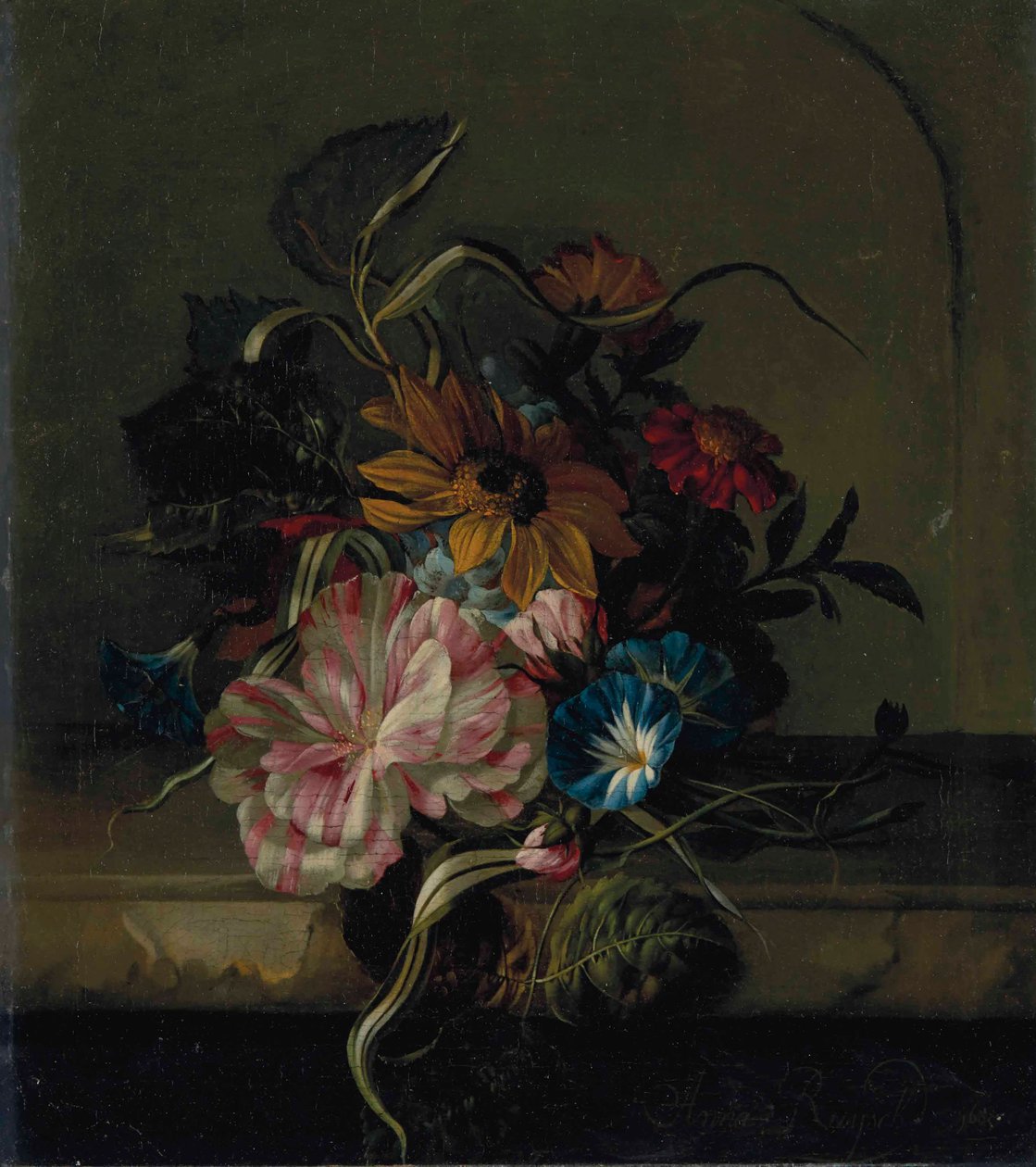 Solsikke, snerle og tofarvet tulipan af Anna Elisabeth Ruysch