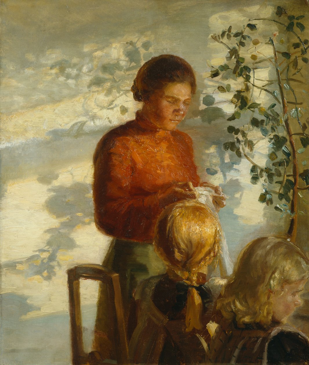 Små piger lærer at sy, ca. 1910 (maleri) af Anna Kirstine Ancher