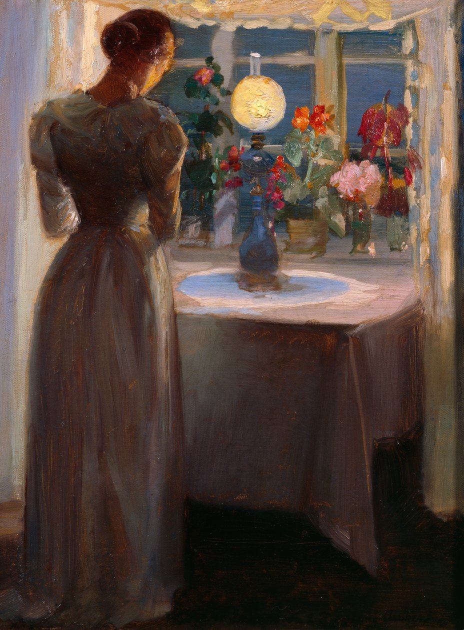 Ung pige foran en lampe af Anna Kirstine Ancher