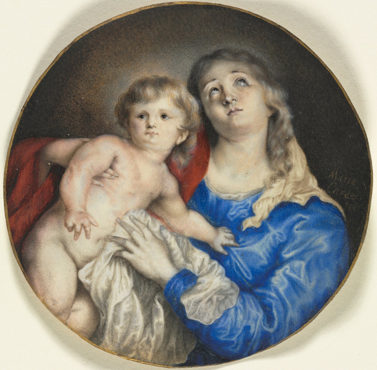 Jomfru og barn, ca. 1662 (akvarel forstærket med tyggegummi på pergament, med guld) af Anna Maria Carew