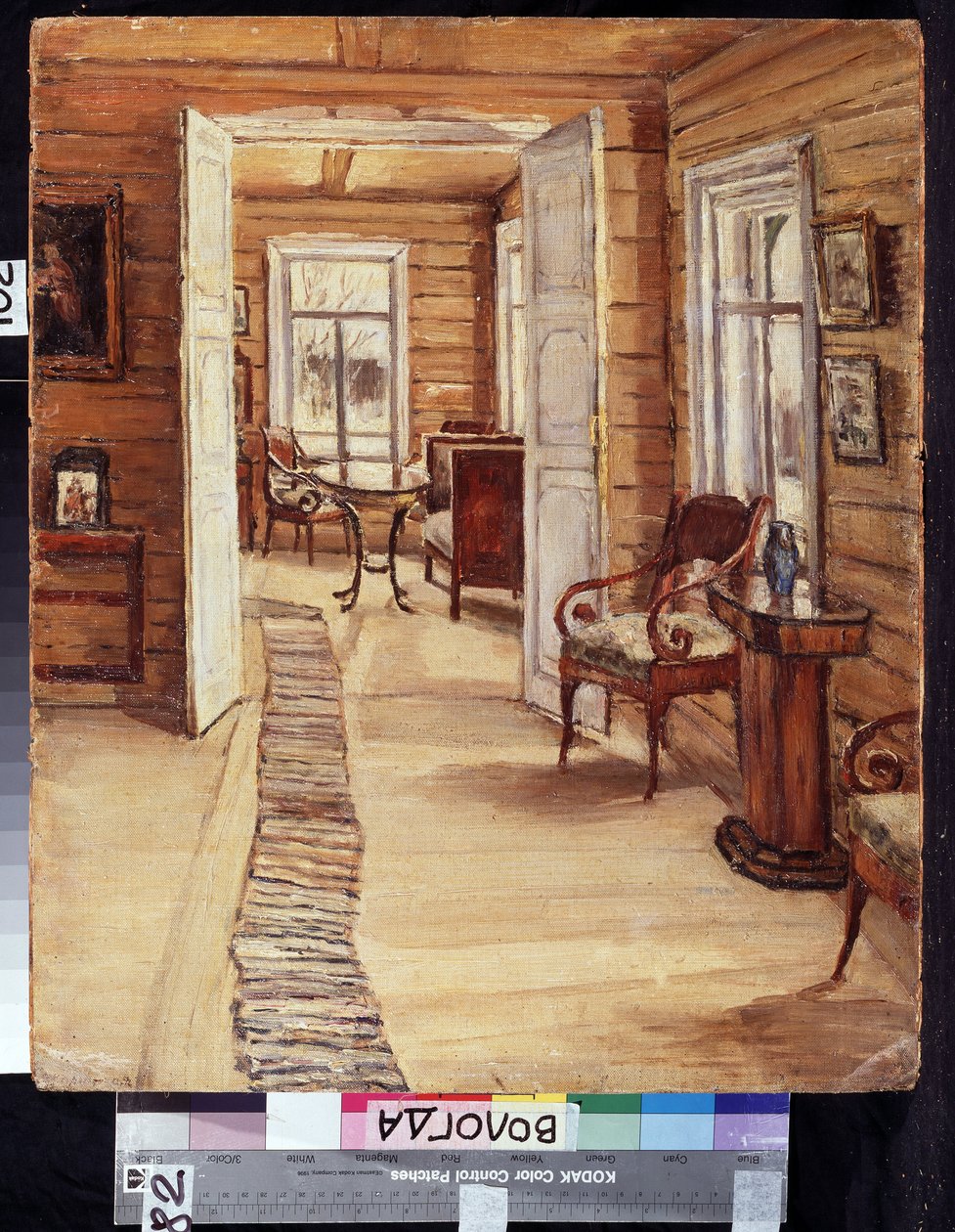 Interiør af L.Panteleyevs ejendomshus i Murmanov (Rusland). Beskrivelse af træhusets møbler og udsmykning. Maleri af Anna Nikolayevna Karinskaya (1871-1931), olie af Anna Nikolaeva Karinskaya