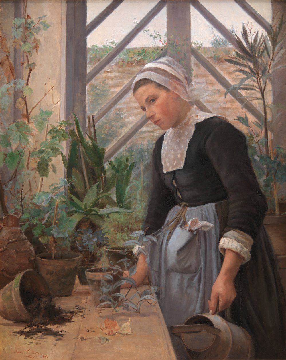 Bretonsk pige, der passer planter i drivhuset af Anna Petersen