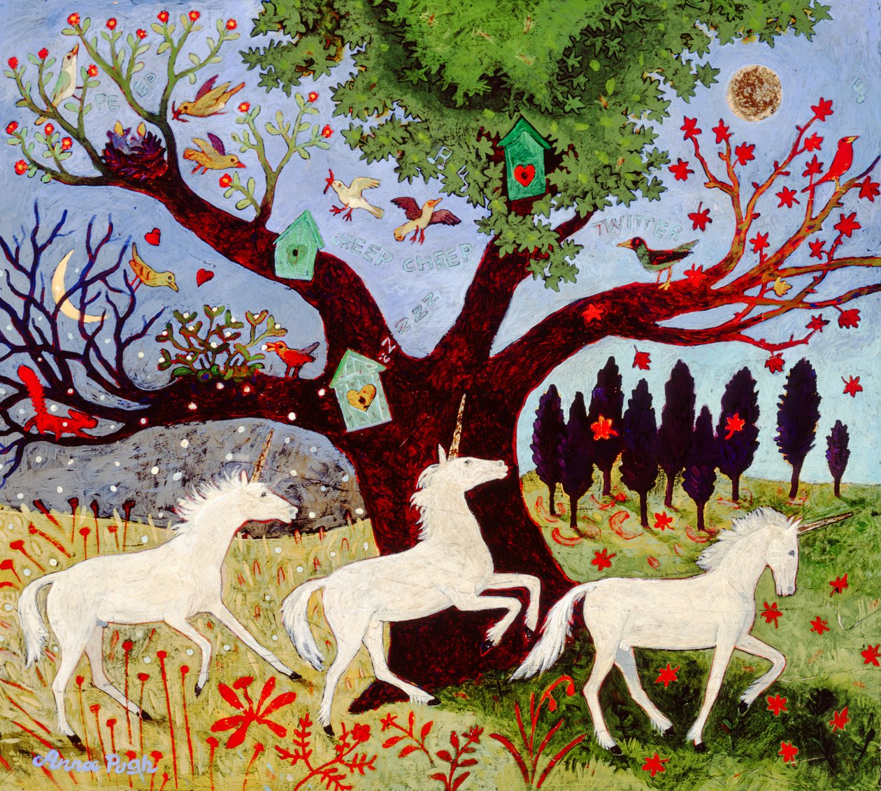 3 enhjørninger ved et træ af Anna Pugh