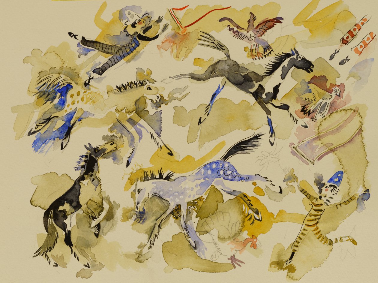 Hest og klovne, 2023 (akvarel) af Anna Pugh