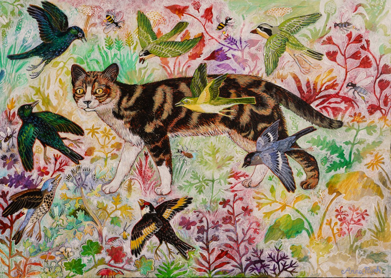 Tabby og fuglene, 2019 (akryl) af Anna Pugh