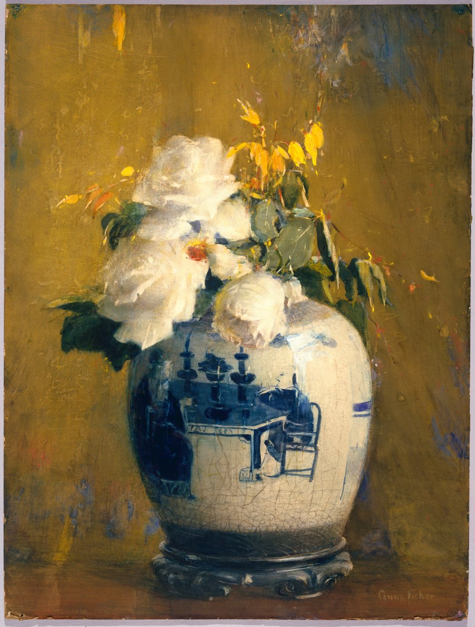 The White Roses, før 1922 (dækkende akvarel, grafit, strejf af pastel og strejf af transparent akvarel på cremefarvet, moderat tykt, let struktureret vævet papir monteret på pap af træmasse) af Anna S. Fisher