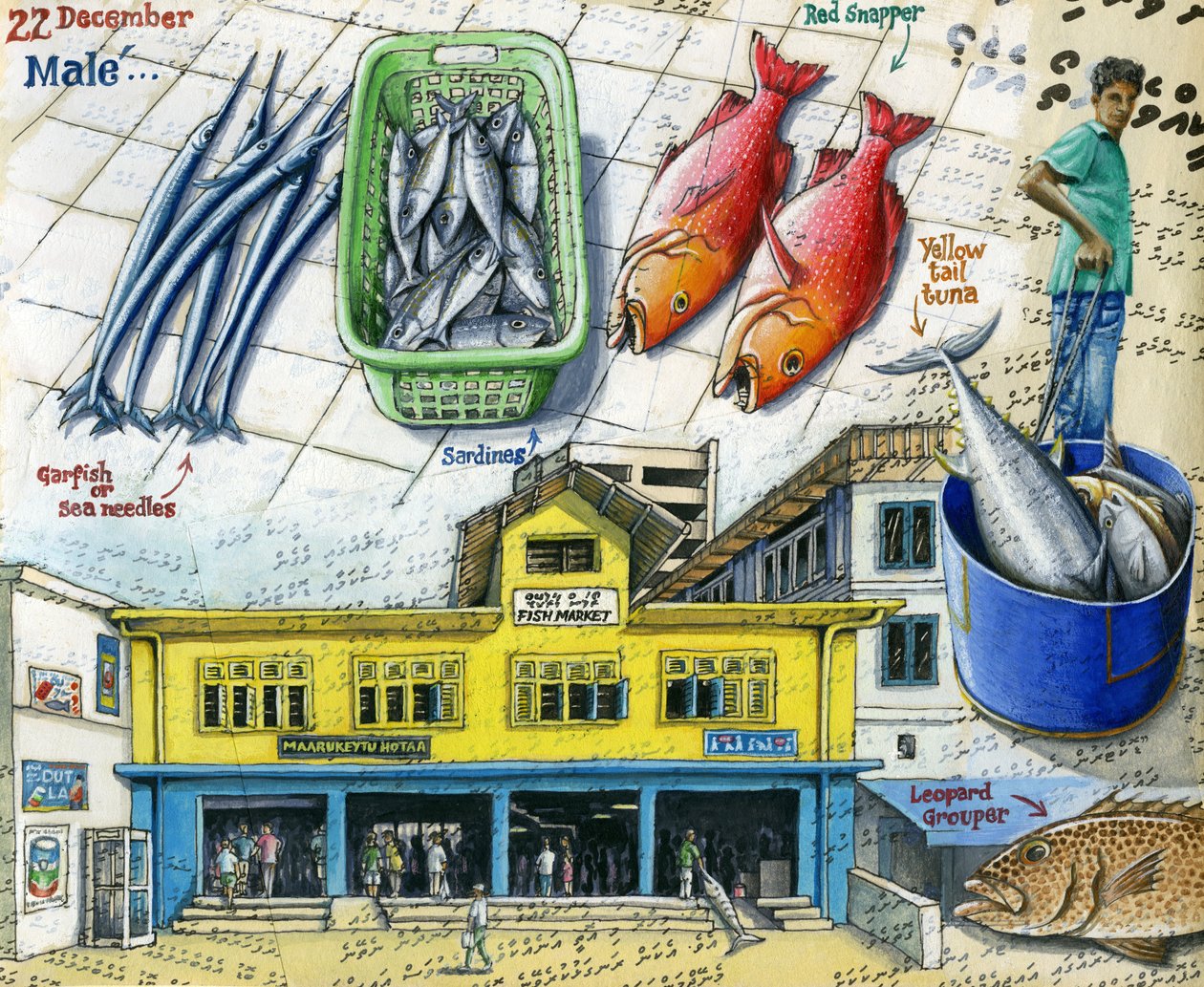 Fiskemarked, 2018 (gouache  pen) af Annalisa Morrocco