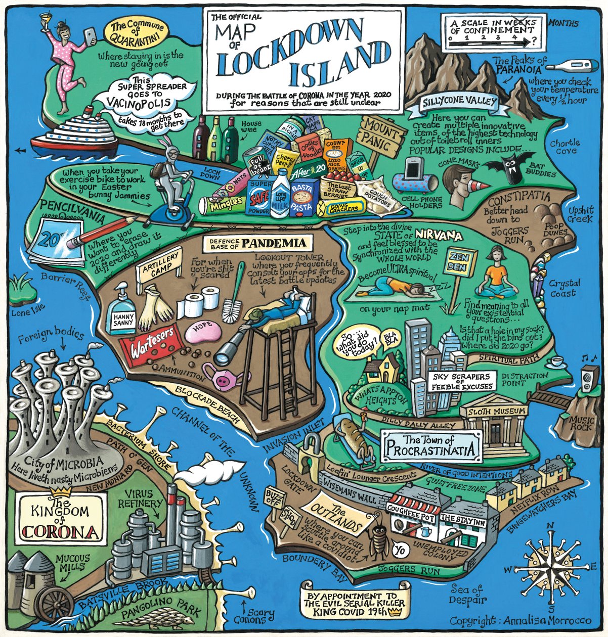Kort over Lockdown Island, 2020 (akryl på papir) af Annalisa Morrocco