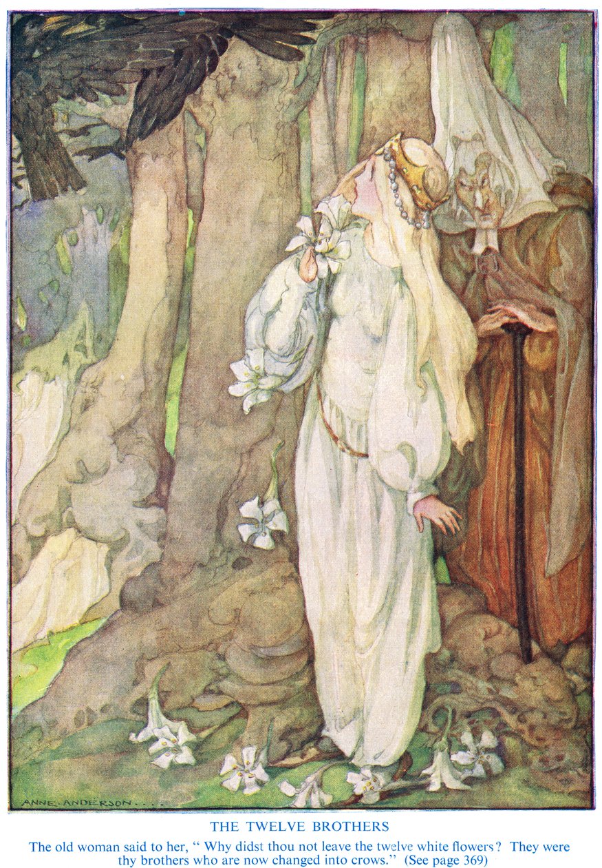 Illustration fra "De tolv brødre" af brødrene Grimm af Anne Anderson