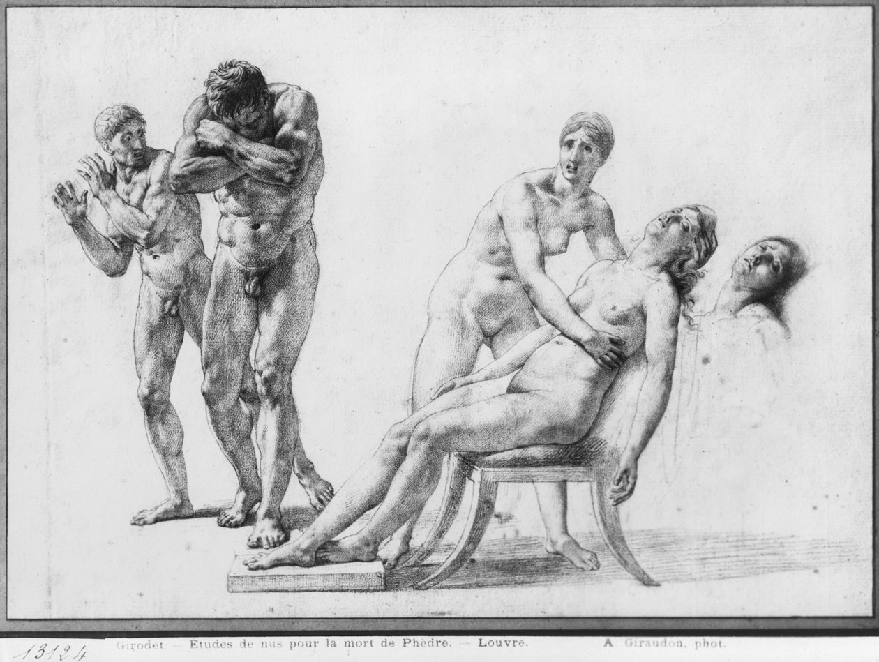 Death of Phaedra, forberedende skitse til illustrationen af Racines komplette værker, Act V Scene VII, udgivet 1801 (sort blyant på papir) af Anne Louis Girodet de Roucy Trioson