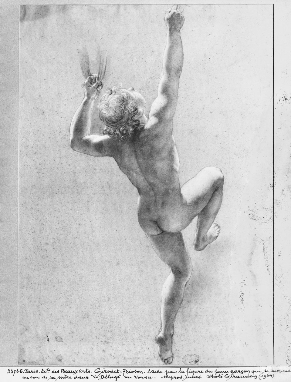 Oversvømmelsesscene, studie af den nøgne unge dreng (sort blyant og kridt på gråt papir) af Anne Louis Girodet de Roucy Trioson