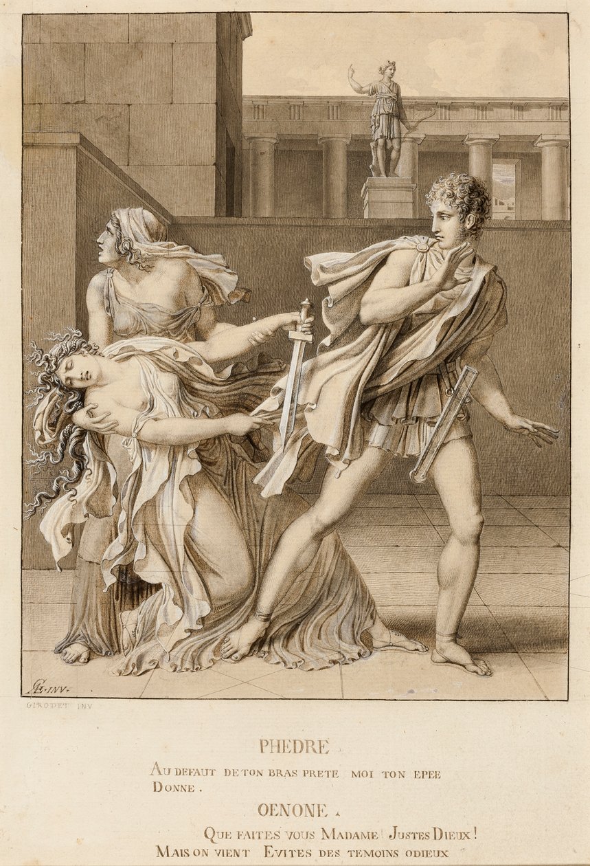 Phaedre, efter at have erklæret sin lidenskab, forsøger at dræbe sig selv med Hippolytus sværd af Anne-Louis Girodet de Roucy-Trioson