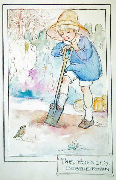 The Friendly Robbie Robin, ca. 1916 (pen & blæk med akvarel & blyant på papir) af Anne Anderson