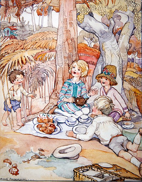 The Picnic (pen & blæk med akvarel på papir) af Anne Anderson