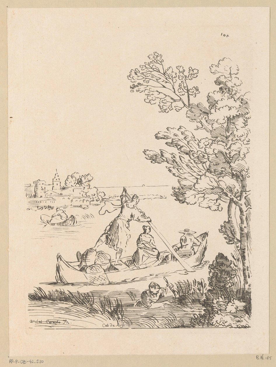Flodlandskab med en båd roet af en kvinde Cabinet du Roy (serietitel på objekt) af Anne Claude Philippe Caylus