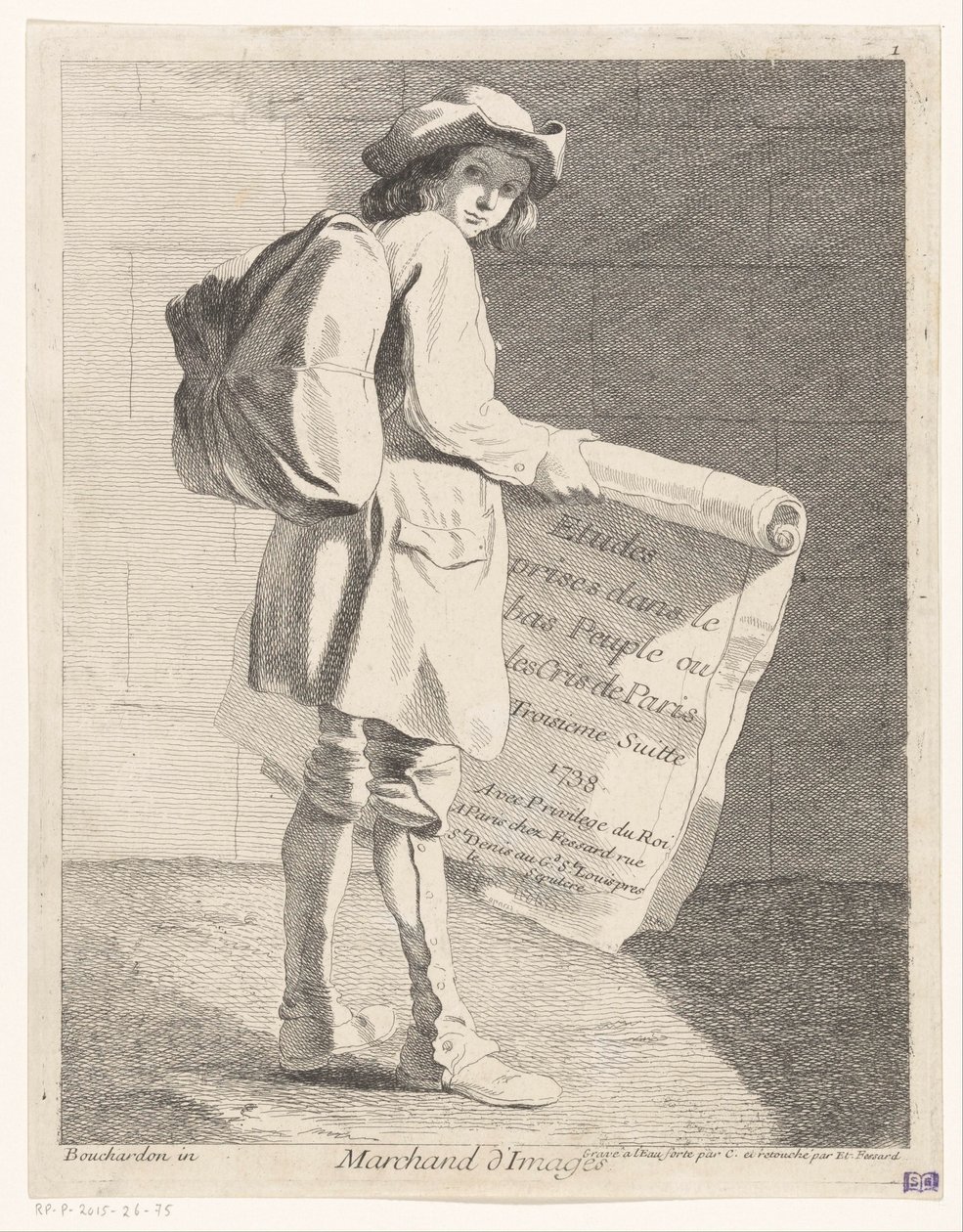 Rondreizende prentsælger Forhandler af billeder (titel på objekt) Studier taget i det lavere folk eller Crees i Paris. Tredje Farve. (serietitel på objekt) af Anne Claude Philippe Caylus