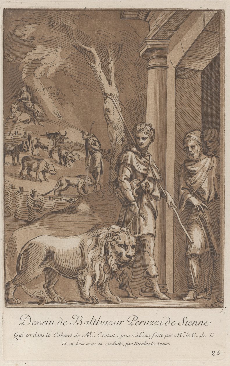 En hyrde holder en løve i snor i forgrunden, i mellemgrunden sh..., ca. 1729-64 af Anne Claude Philippe de