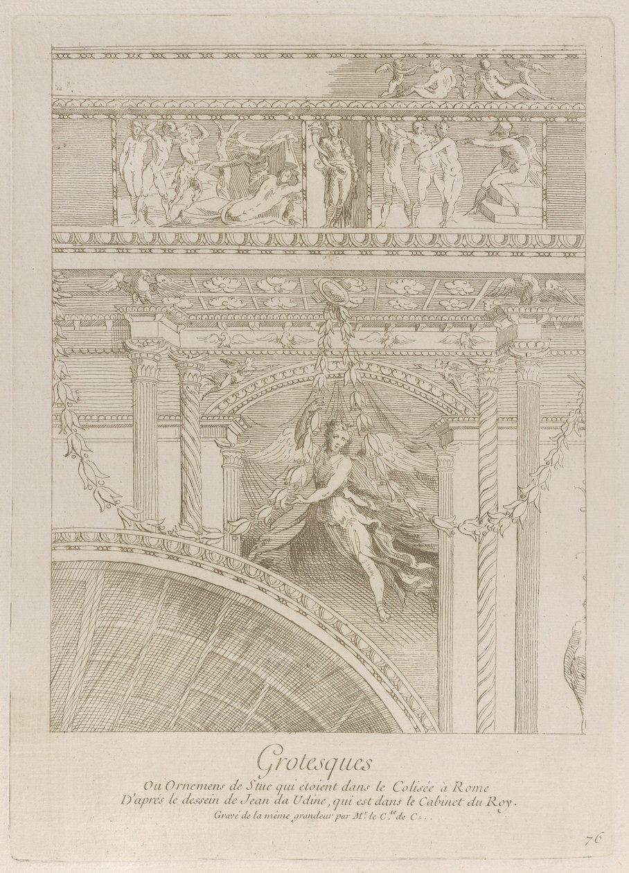 Grotesker: detalje af stukrelieffer, der dekorerer Colosseum i Rom, med en fløj..., ca. 1729. af Anne Claude Philippe de Caylus