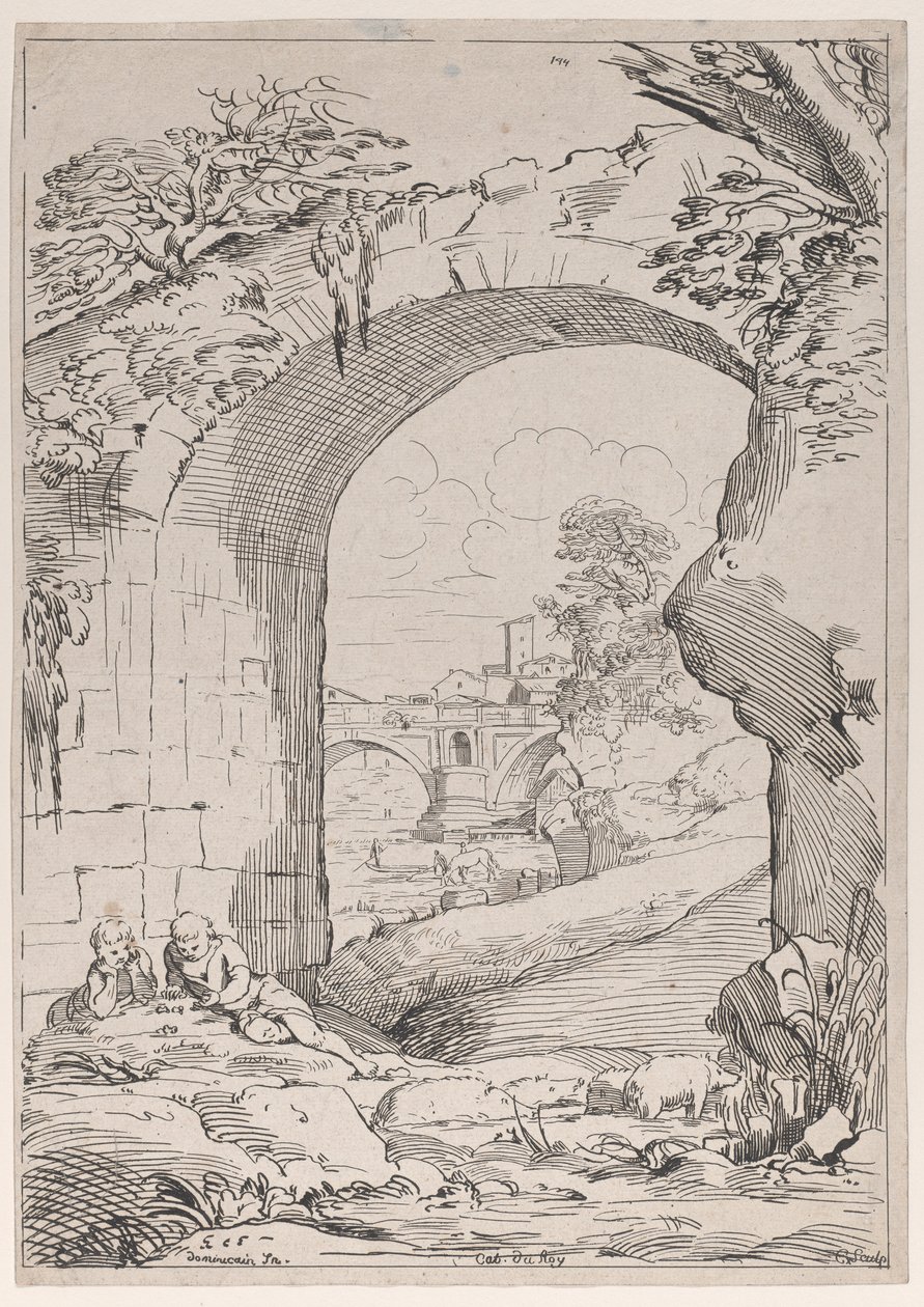 Landskab med bro, 1700-tallet. af Anne Claude Philippe de Caylus