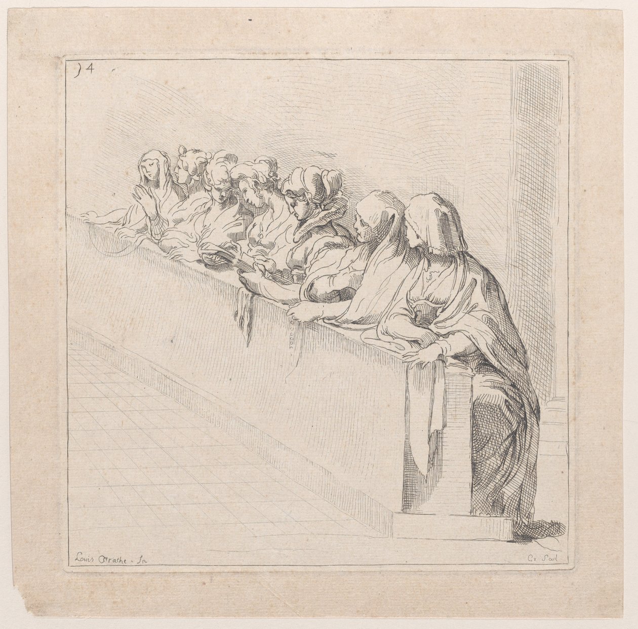 Syv kvinder siddende bag en lav mur, 1700-tallet. af Anne Claude Philippe de Caylus