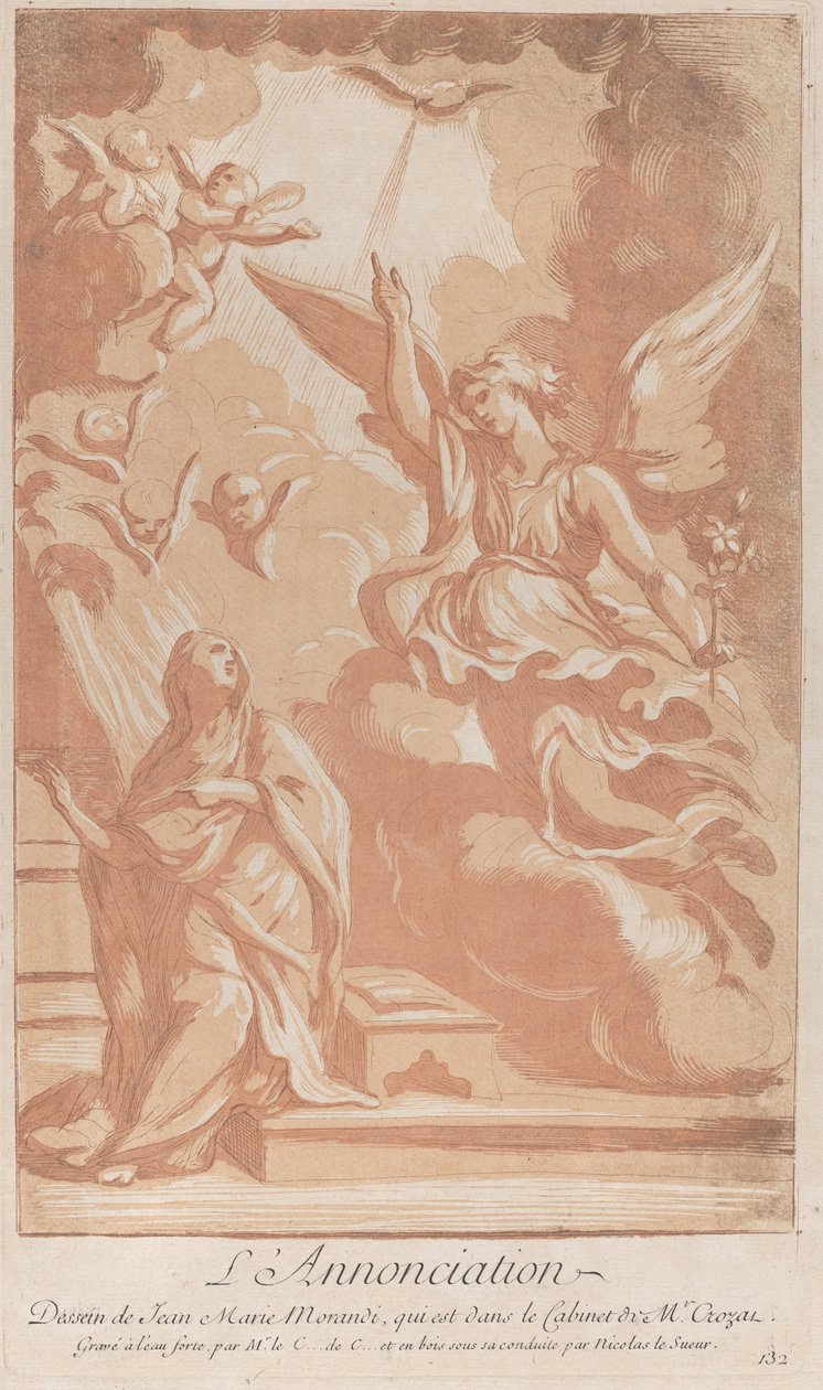 Bebudelsen med Jomfruen knælende til venstre og Gabriel til højre, ca. ..., ca. 1729. af Anne Claude Philippe de Caylus