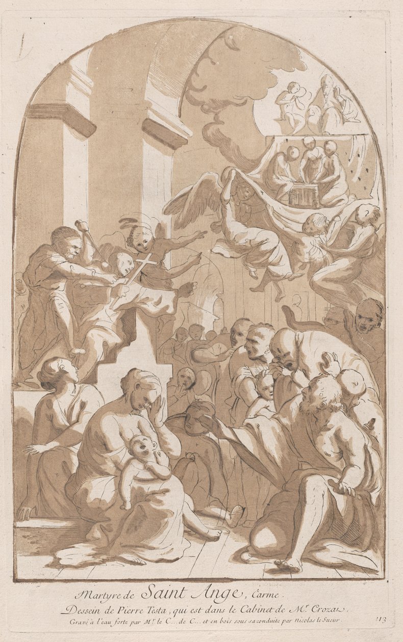 Sankt Angelos martyrdød, som øverst til venstre bliver stukket, overvåget af rædsel..., 1729-64. af Anne Claude Philippe de Caylus