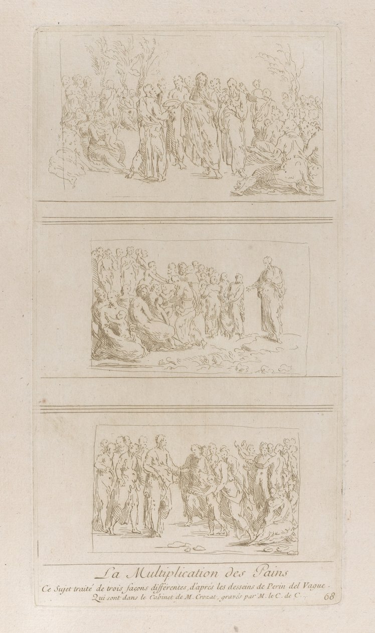 Tre separate studier for brødenes mirakler, der viser Kristus stående i d..., ca. 1729-40. af Anne Claude Philippe de Caylus