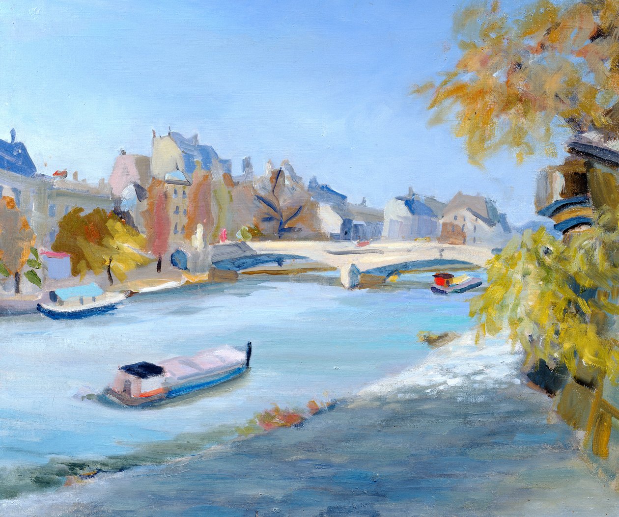 Pram sejler ned ad floden Seinen i Paris af Anne Durham