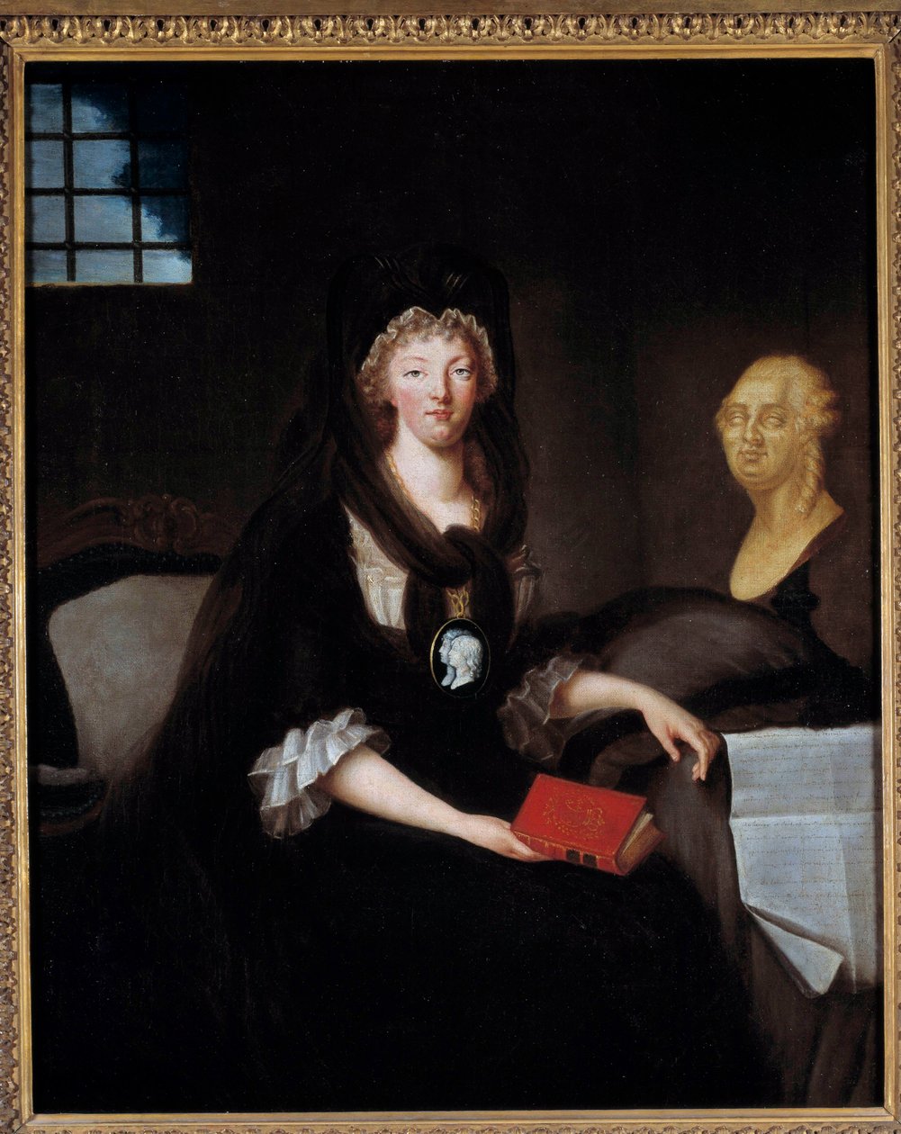 Portræt af Marie Antoinette (1755-1793) i stor sorg i Temple Prison (eller Marie Antoinette på Concierge, i sorg, med en komé, der repræsenterer delfinen, der holder en bog om Mary, dronning af Skotlands liv, nær en buste af Ludvig XVI og h af Anne Flore Millet de Brehan