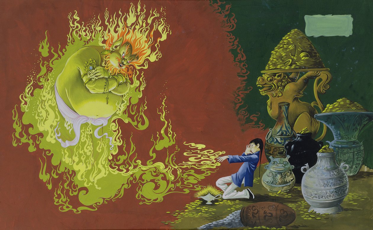 Aladdin, illustration fra Deans Gold Medal Book of Fairy, Tales Number 2 pub. af Dean & Sons Ltd., 1965 (gouache på tonet papir) af Anne Grahame Johnstone